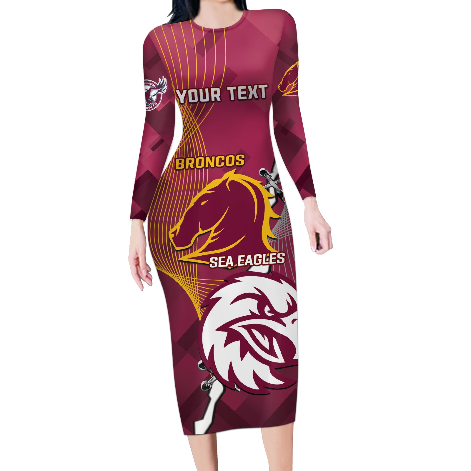 Personalised Broncos And Eagles Rugby Long Sleeve Bodycon Dress Sporty Version