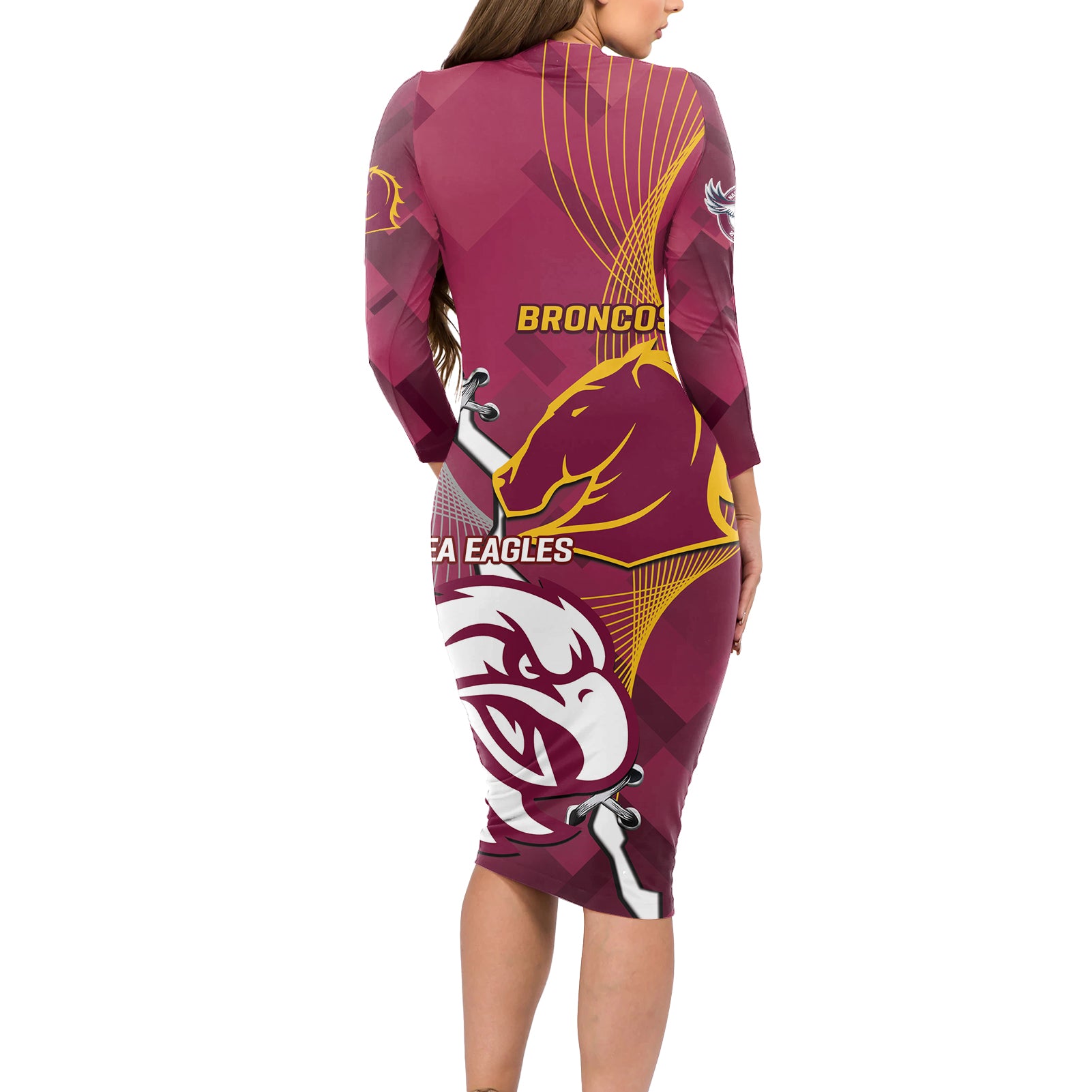 Personalised Broncos And Eagles Rugby Long Sleeve Bodycon Dress Sporty Version