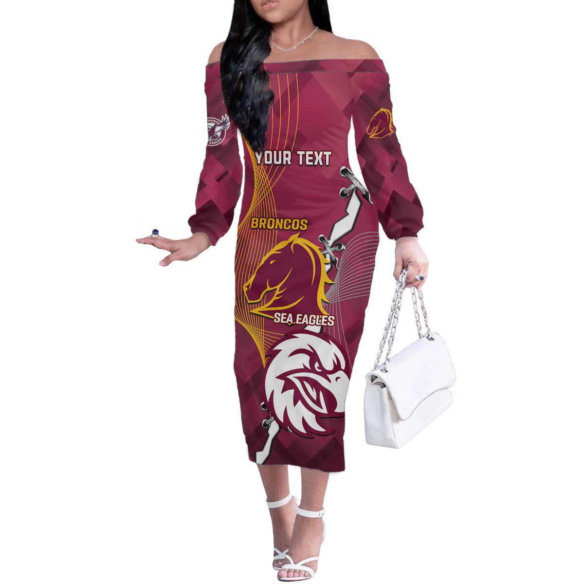 Personalised Broncos And Eagles Rugby Off The Shoulder Long Sleeve Dress Sporty Version