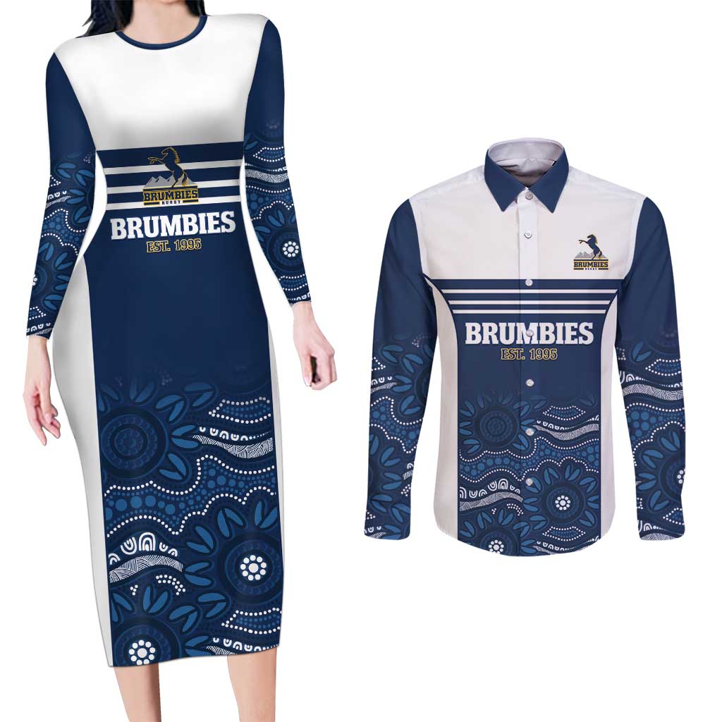 Custom Australia Brumbies Couples Matching Long Sleeve Bodycon Dress and Long Sleeve Button Shirt Est 1995 Aboriginal Art