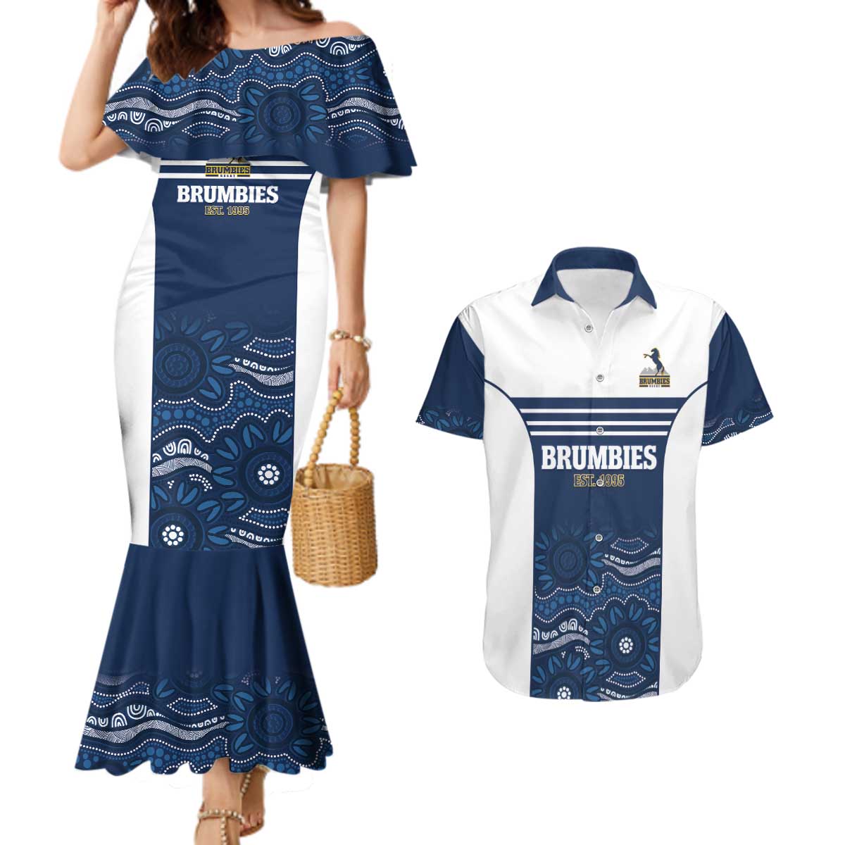 Custom Australia Brumbies Couples Matching Mermaid Dress and Hawaiian Shirt Est 1995 Aboriginal Art