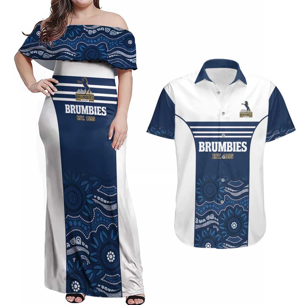Custom Australia Brumbies Couples Matching Off Shoulder Maxi Dress and Hawaiian Shirt Est 1995 Aboriginal Art