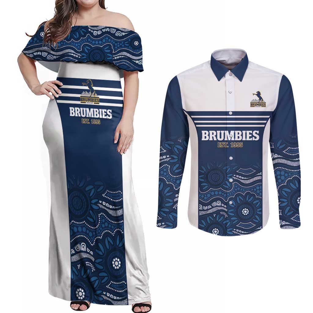 Custom Australia Brumbies Couples Matching Off Shoulder Maxi Dress and Long Sleeve Button Shirt Est 1995 Aboriginal Art