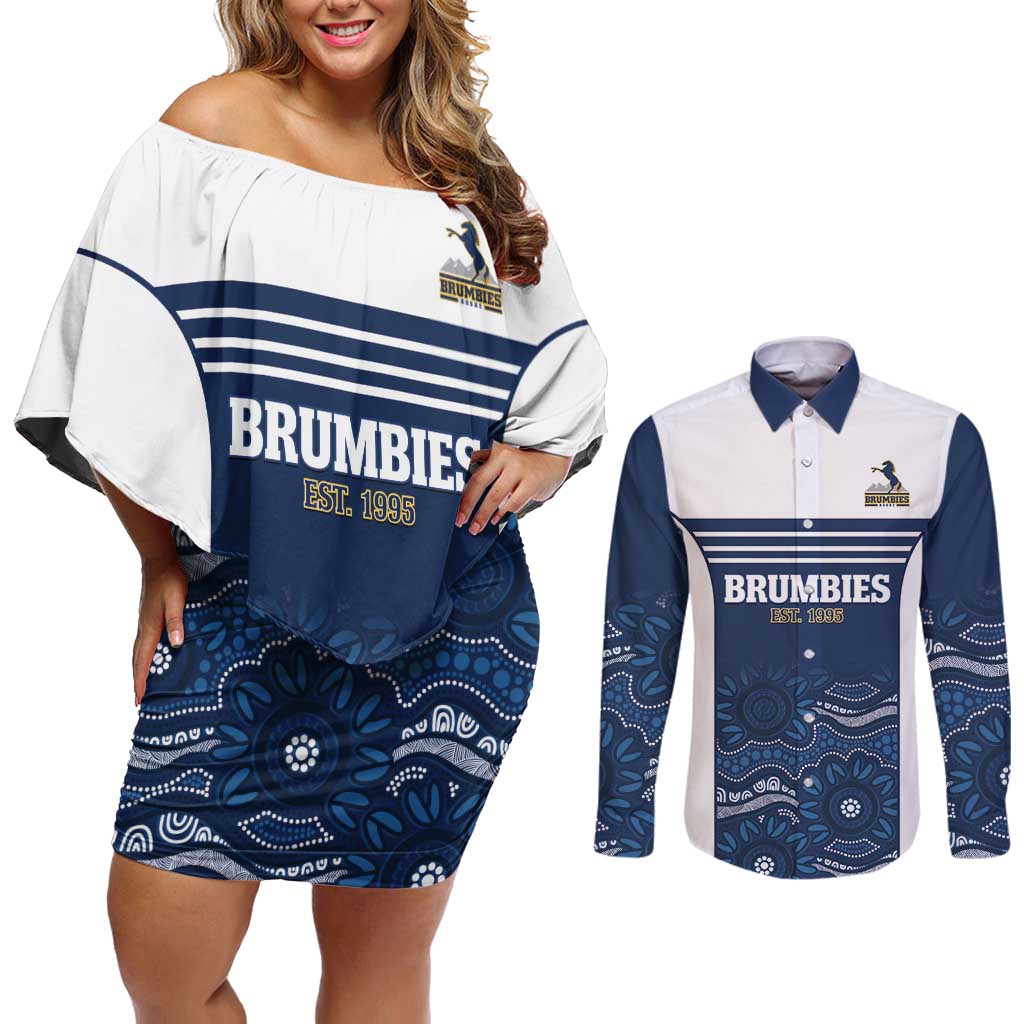 Custom Australia Brumbies Couples Matching Off Shoulder Short Dress and Long Sleeve Button Shirt Est 1995 Aboriginal Art