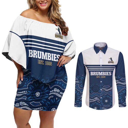 Custom Australia Brumbies Couples Matching Off Shoulder Short Dress and Long Sleeve Button Shirt Est 1995 Aboriginal Art