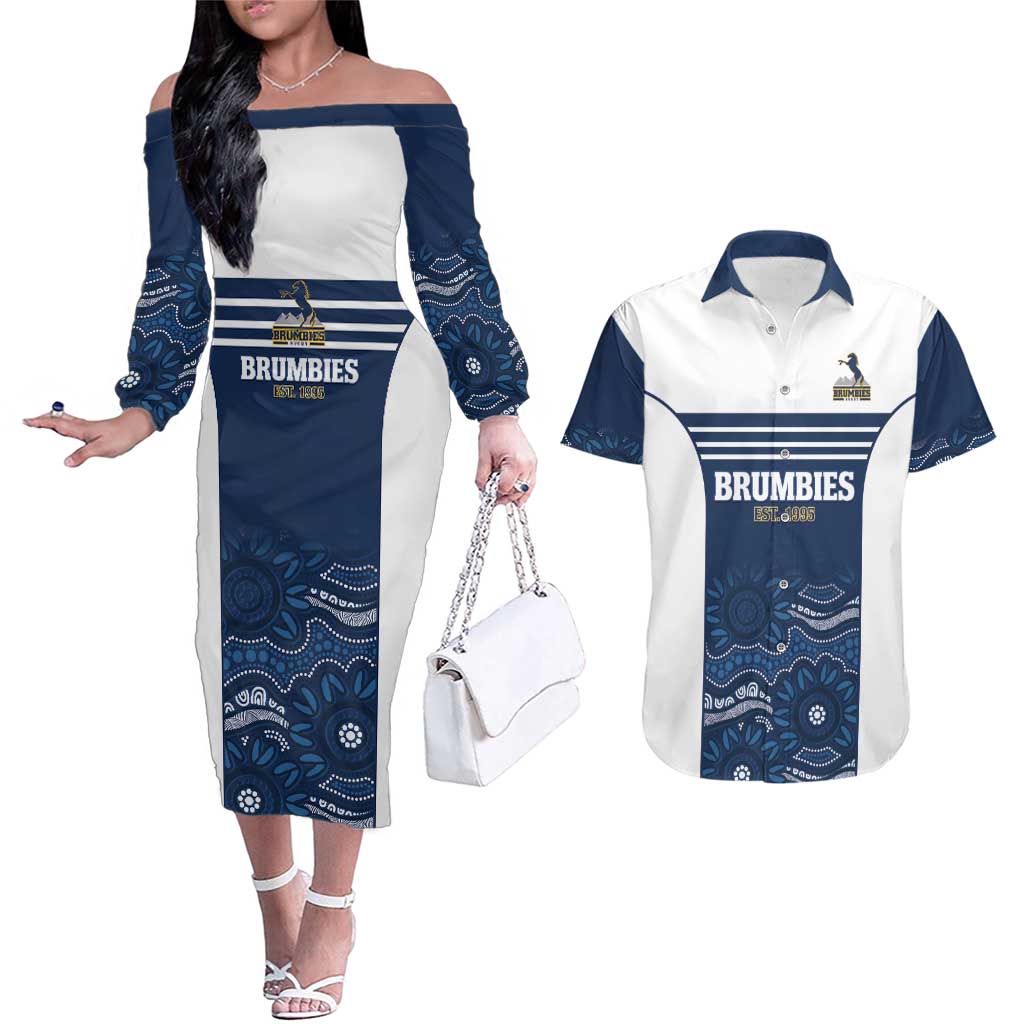 Custom Australia Brumbies Couples Matching Off The Shoulder Long Sleeve Dress and Hawaiian Shirt Est 1995 Aboriginal Art