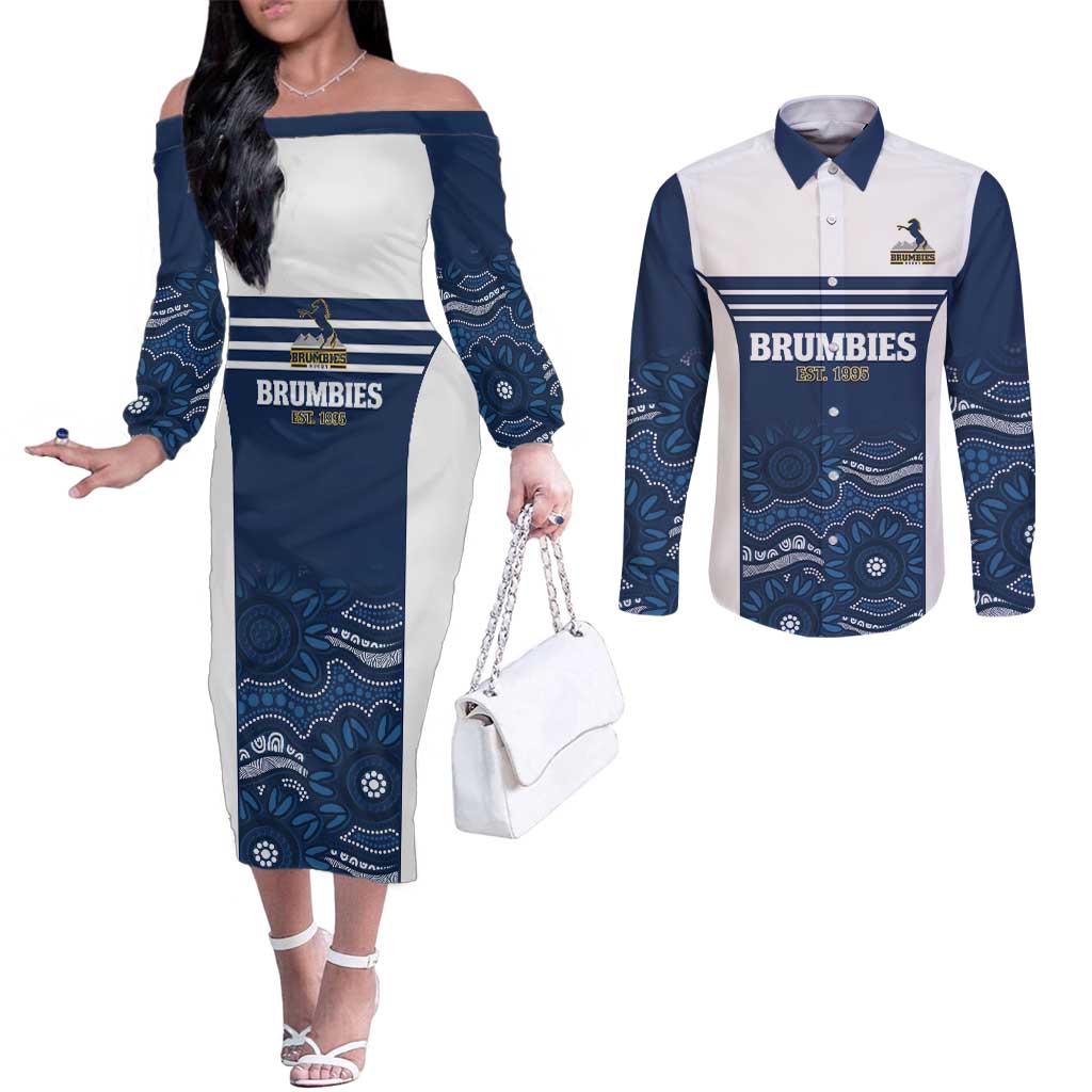 Custom Australia Brumbies Couples Matching Off The Shoulder Long Sleeve Dress and Long Sleeve Button Shirt Est 1995 Aboriginal Art