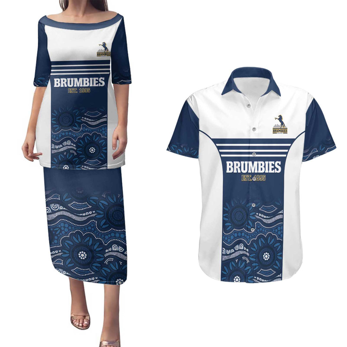 Custom Australia Brumbies Couples Matching Puletasi and Hawaiian Shirt Est 1995 Aboriginal Art