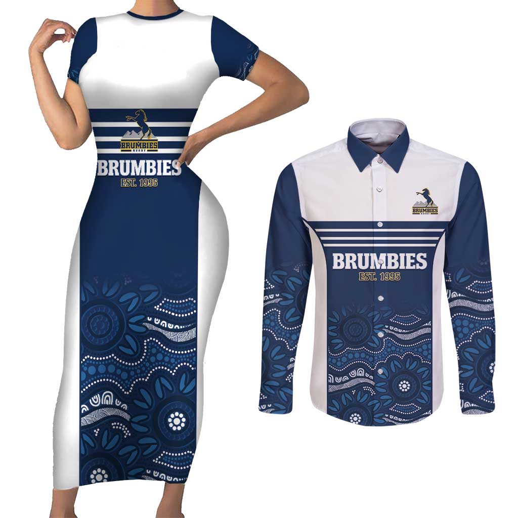 Custom Australia Brumbies Couples Matching Short Sleeve Bodycon Dress and Long Sleeve Button Shirt Est 1995 Aboriginal Art