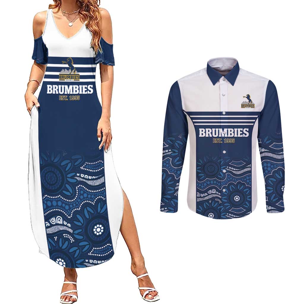 Custom Australia Brumbies Couples Matching Summer Maxi Dress and Long Sleeve Button Shirt Est 1995 Aboriginal Art