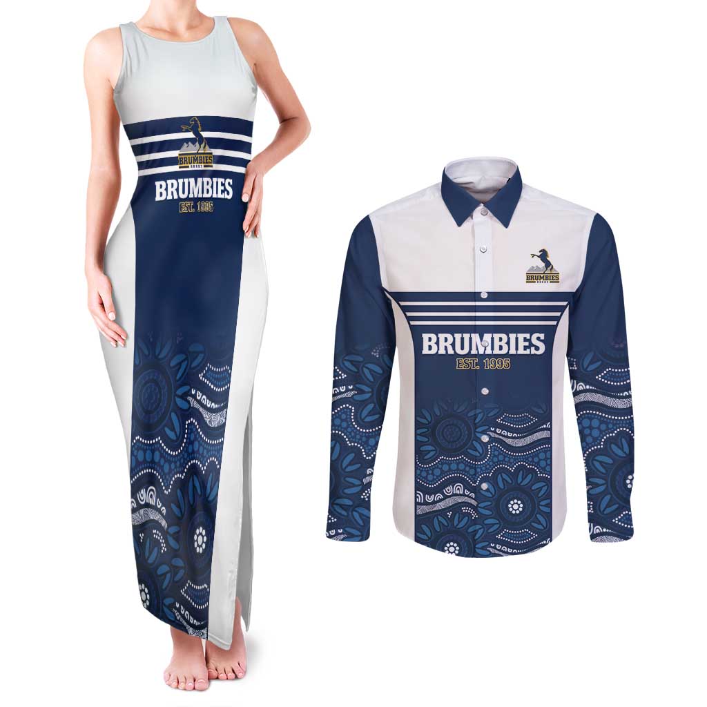 Custom Australia Brumbies Couples Matching Tank Maxi Dress and Long Sleeve Button Shirt Est 1995 Aboriginal Art