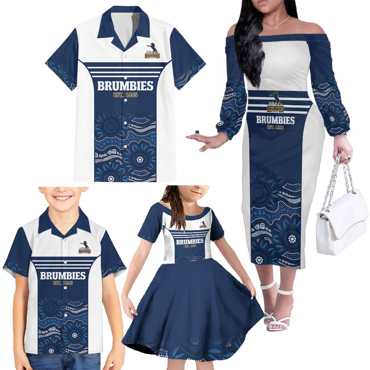 Custom Australia Brumbies Family Matching Off The Shoulder Long Sleeve Dress and Hawaiian Shirt Est 1995 Aboriginal Art