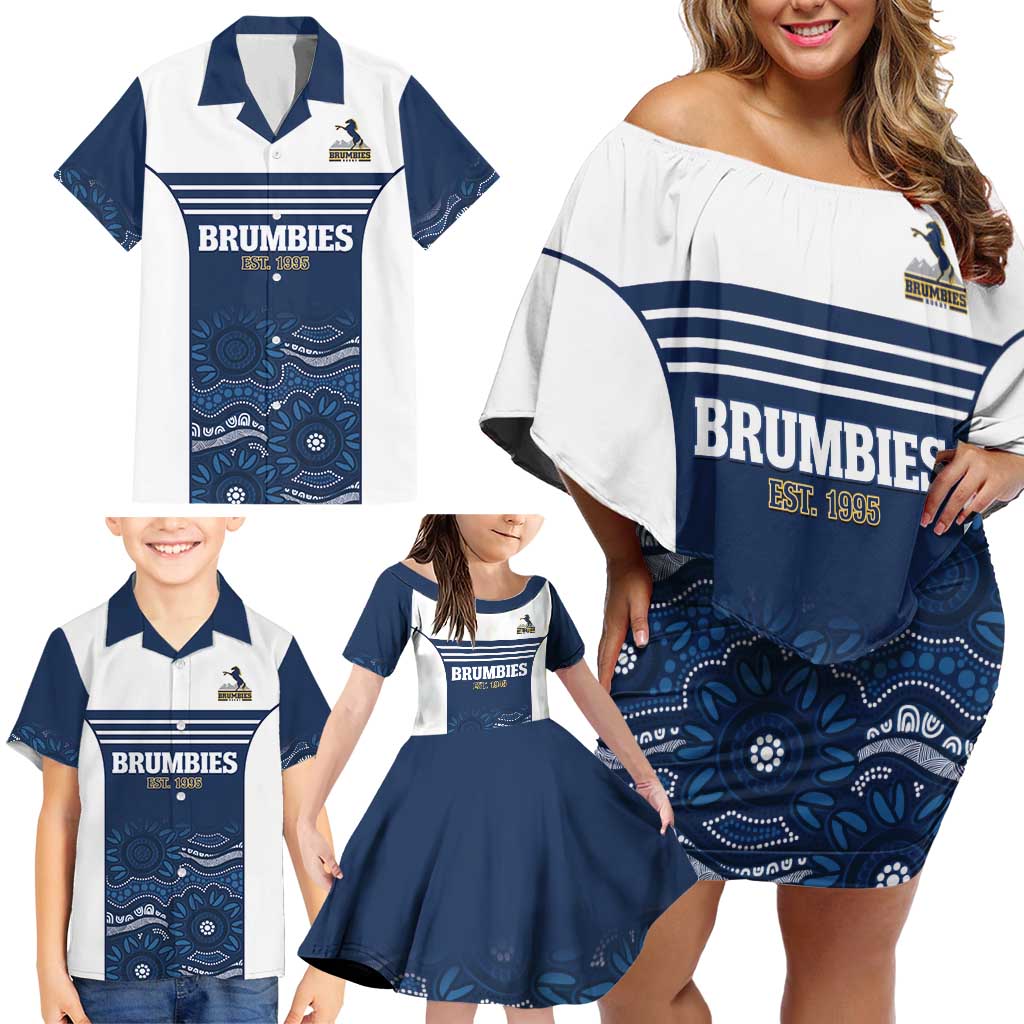 Custom Australia Brumbies Family Matching Off Shoulder Short Dress and Hawaiian Shirt Est 1995 Aboriginal Art