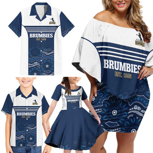 Custom Australia Brumbies Family Matching Off Shoulder Short Dress and Hawaiian Shirt Est 1995 Aboriginal Art