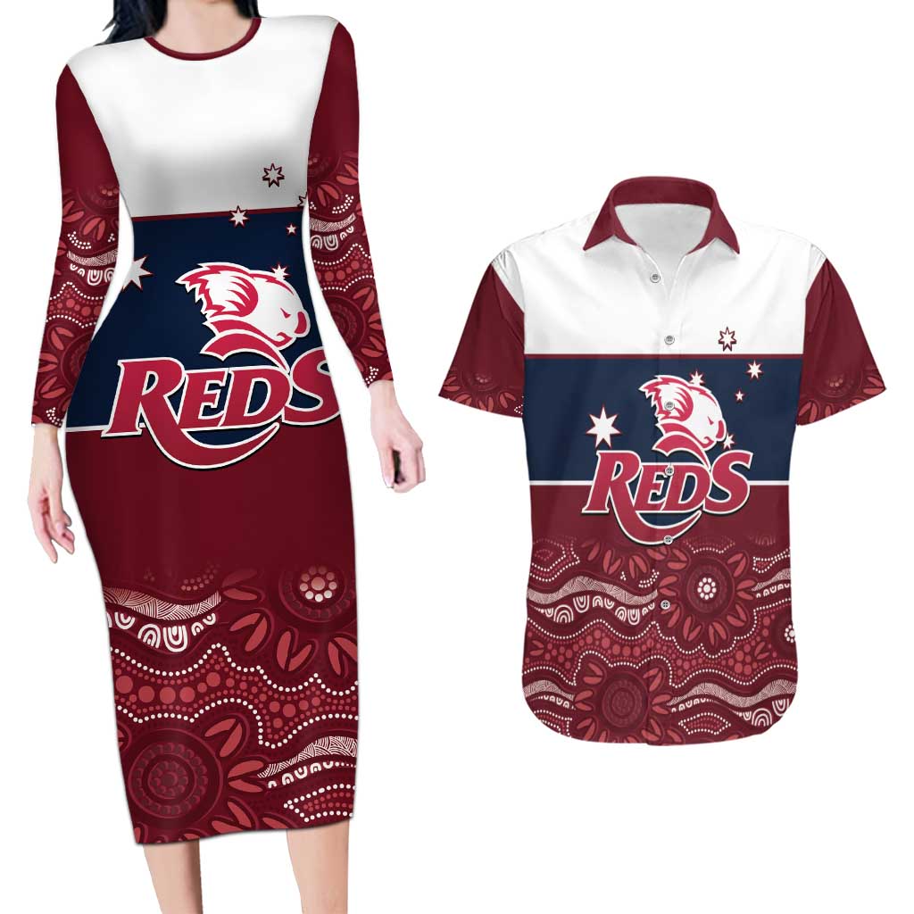 Custom Australia QLD Reds Couples Matching Long Sleeve Bodycon Dress and Hawaiian Shirt Queensland Aboriginal Art