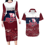 Custom Australia QLD Reds Couples Matching Long Sleeve Bodycon Dress and Hawaiian Shirt Queensland Aboriginal Art