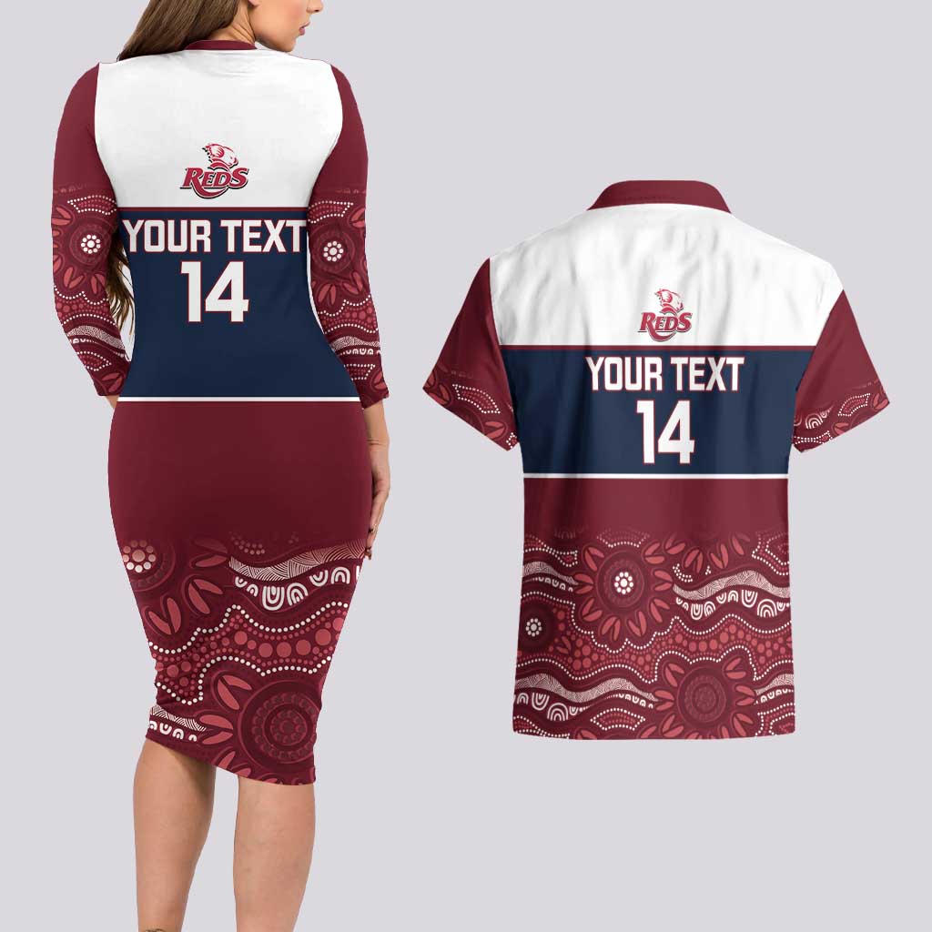 Custom Australia QLD Reds Couples Matching Long Sleeve Bodycon Dress and Hawaiian Shirt Queensland Aboriginal Art