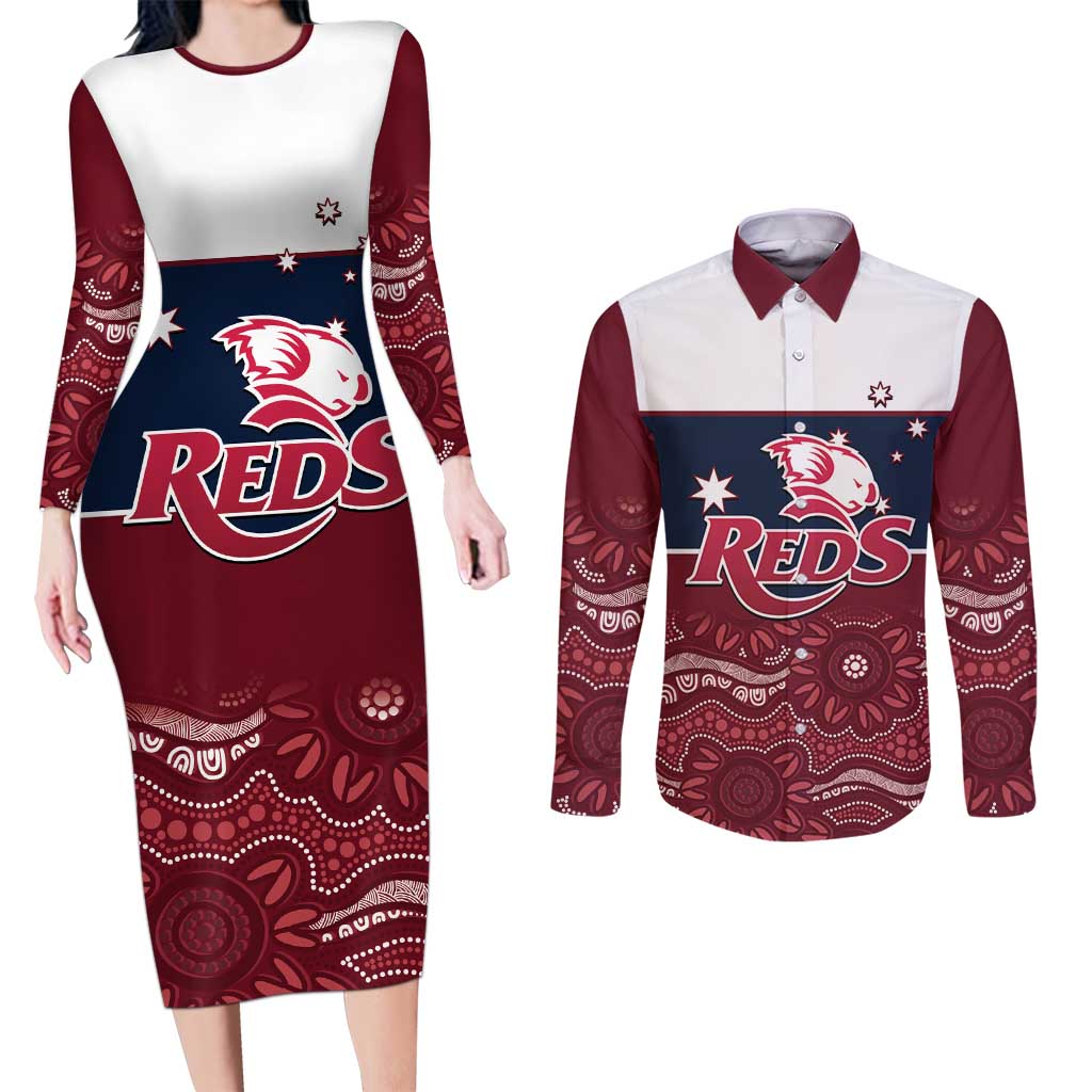 Custom Australia QLD Reds Couples Matching Long Sleeve Bodycon Dress and Long Sleeve Button Shirt Queensland Aboriginal Art