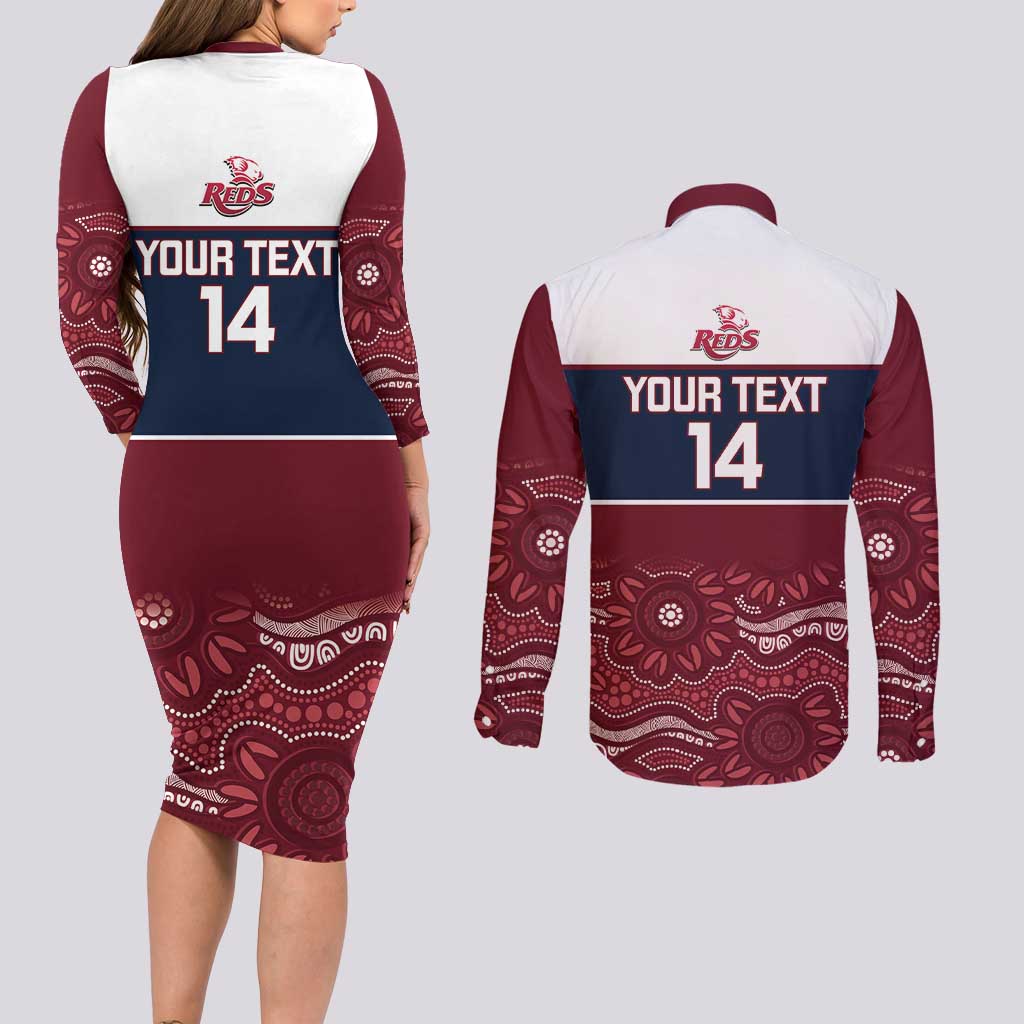 Custom Australia QLD Reds Couples Matching Long Sleeve Bodycon Dress and Long Sleeve Button Shirt Queensland Aboriginal Art