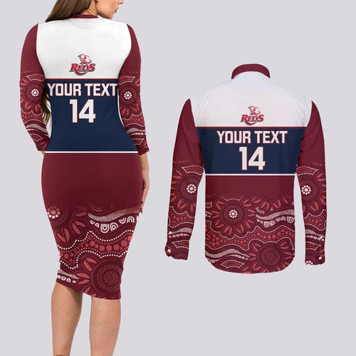 Custom Australia QLD Reds Couples Matching Long Sleeve Bodycon Dress and Long Sleeve Button Shirt Queensland Aboriginal Art