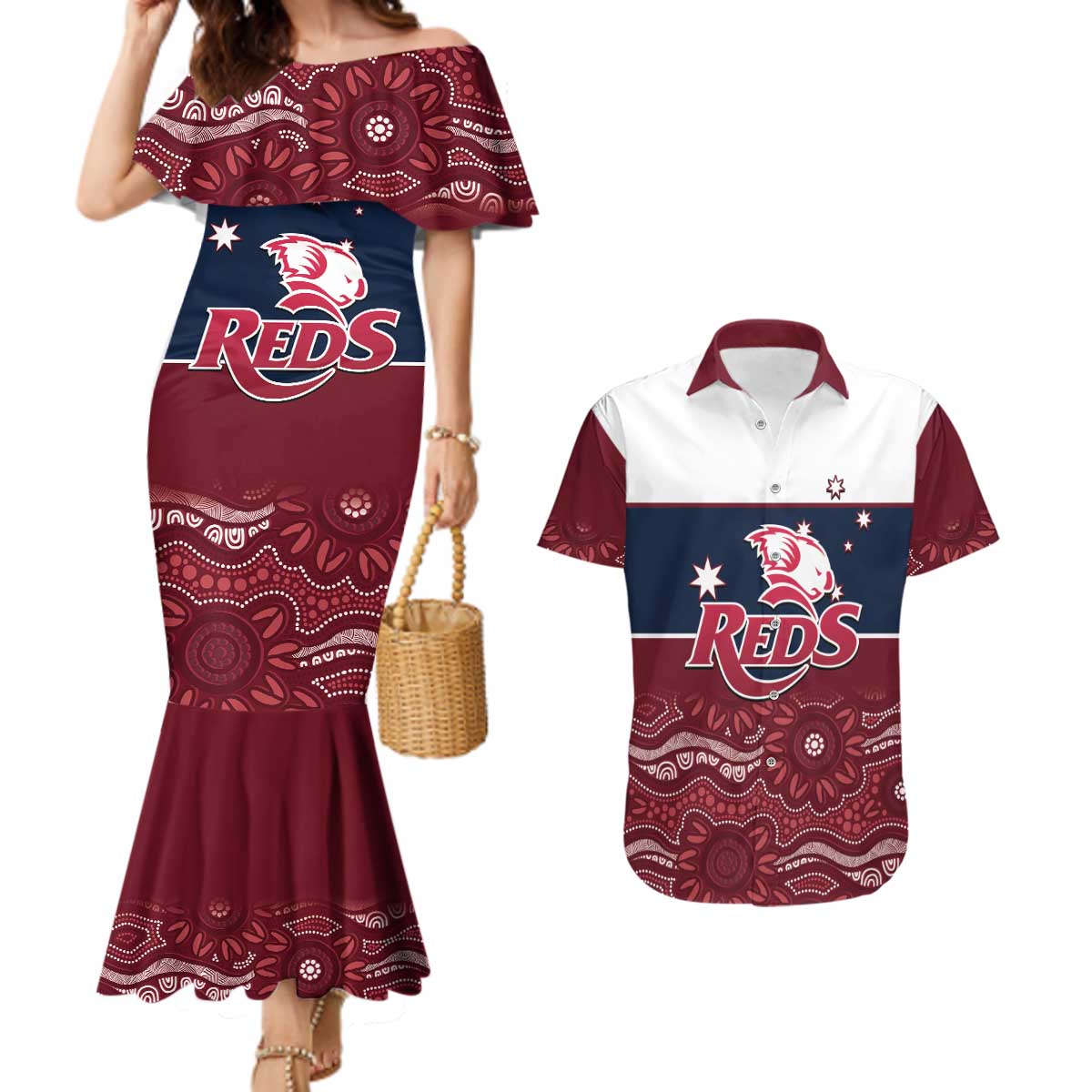 Custom Australia QLD Reds Couples Matching Mermaid Dress and Hawaiian Shirt Queensland Aboriginal Art