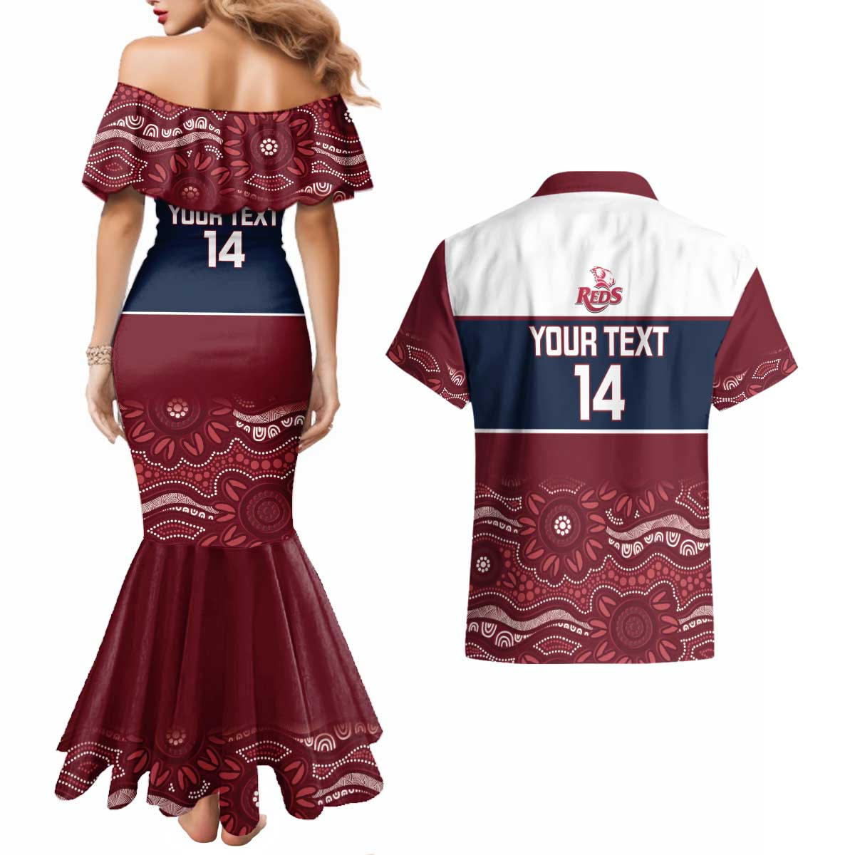 Custom Australia QLD Reds Couples Matching Mermaid Dress and Hawaiian Shirt Queensland Aboriginal Art