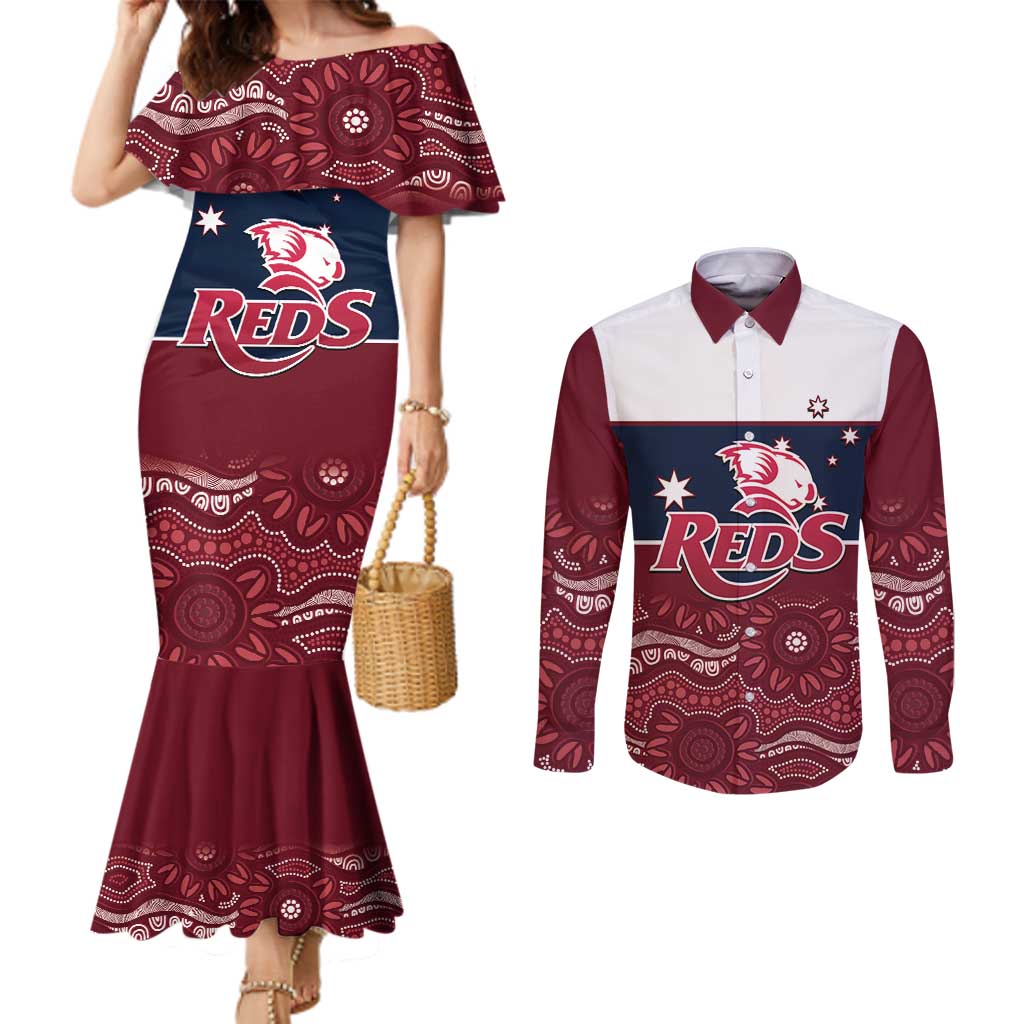 Custom Australia QLD Reds Couples Matching Mermaid Dress and Long Sleeve Button Shirt Queensland Aboriginal Art