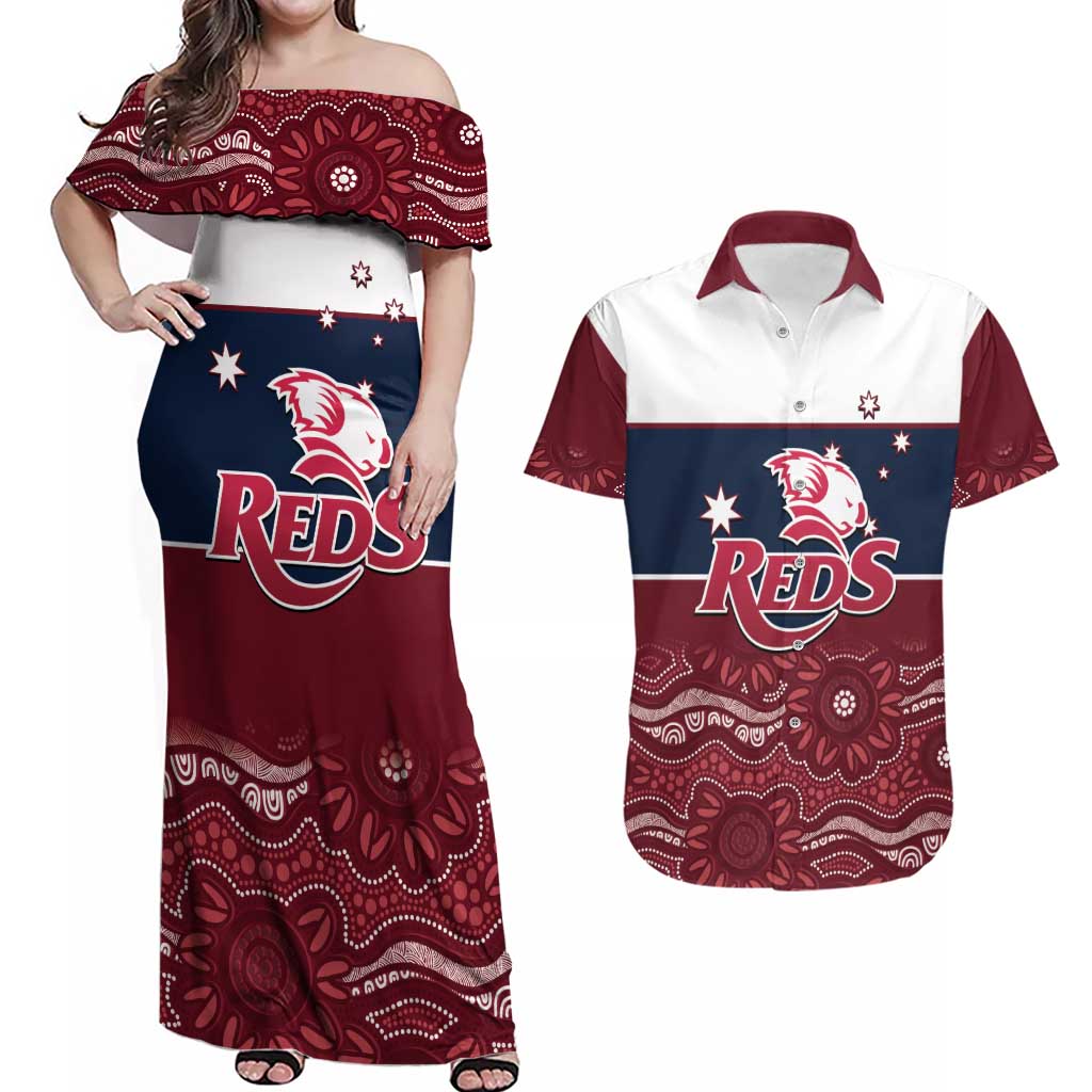 Custom Australia QLD Reds Couples Matching Off Shoulder Maxi Dress and Hawaiian Shirt Queensland Aboriginal Art