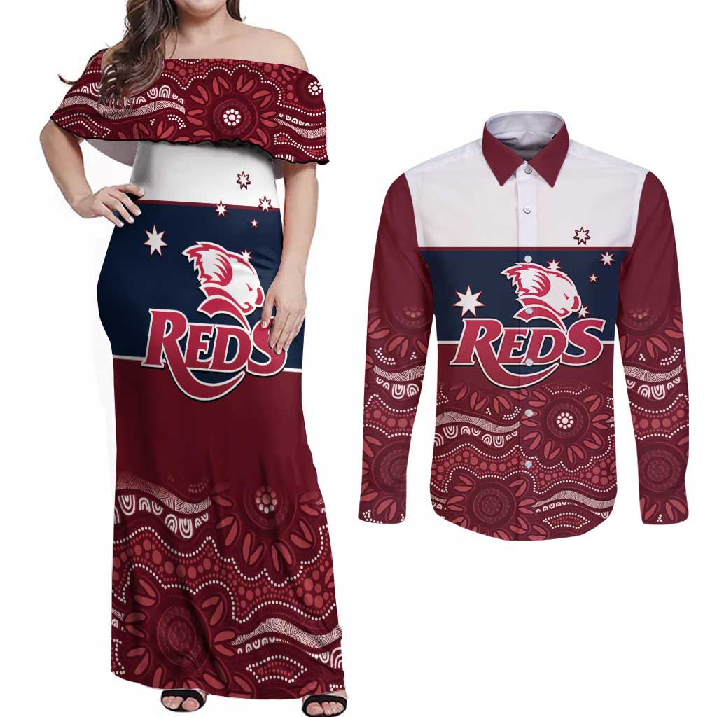 Custom Australia QLD Reds Couples Matching Off Shoulder Maxi Dress and Long Sleeve Button Shirt Queensland Aboriginal Art