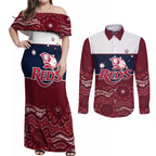 Custom Australia QLD Reds Couples Matching Off Shoulder Maxi Dress and Long Sleeve Button Shirt Queensland Aboriginal Art