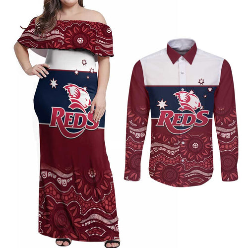 Custom Australia QLD Reds Couples Matching Off Shoulder Maxi Dress and Long Sleeve Button Shirt Queensland Aboriginal Art