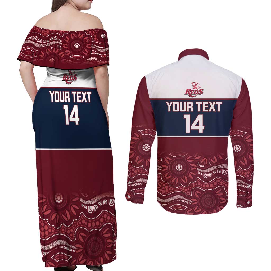 Custom Australia QLD Reds Couples Matching Off Shoulder Maxi Dress and Long Sleeve Button Shirt Queensland Aboriginal Art