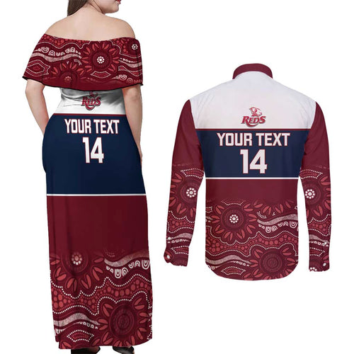 Custom Australia QLD Reds Couples Matching Off Shoulder Maxi Dress and Long Sleeve Button Shirt Queensland Aboriginal Art