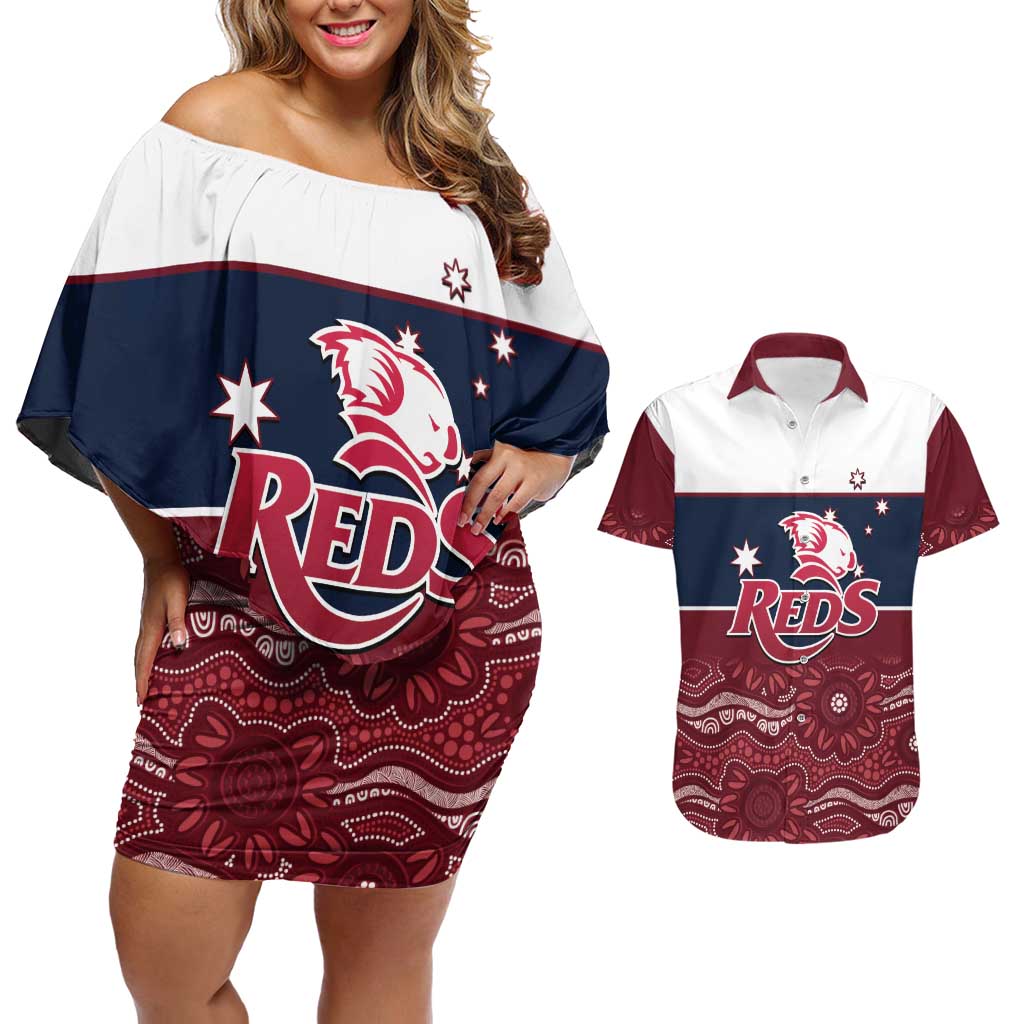 Custom Australia QLD Reds Couples Matching Off Shoulder Short Dress and Hawaiian Shirt Queensland Aboriginal Art