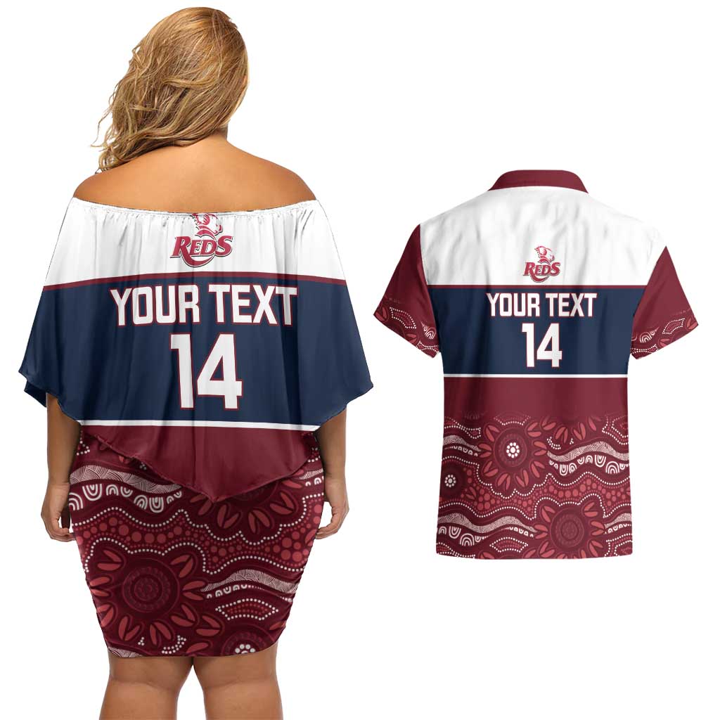 Custom Australia QLD Reds Couples Matching Off Shoulder Short Dress and Hawaiian Shirt Queensland Aboriginal Art