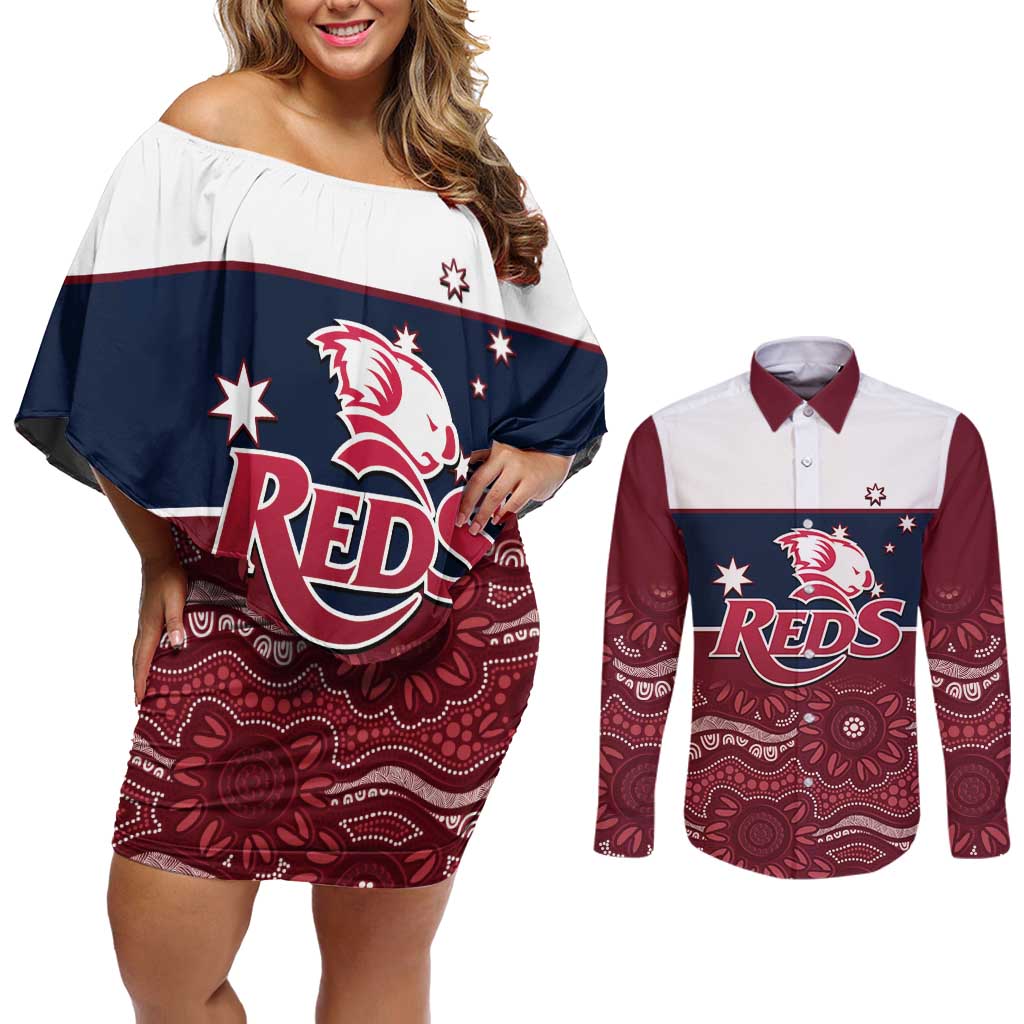 Custom Australia QLD Reds Couples Matching Off Shoulder Short Dress and Long Sleeve Button Shirt Queensland Aboriginal Art