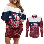 Custom Australia QLD Reds Couples Matching Off Shoulder Short Dress and Long Sleeve Button Shirt Queensland Aboriginal Art