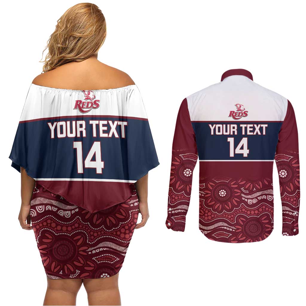 Custom Australia QLD Reds Couples Matching Off Shoulder Short Dress and Long Sleeve Button Shirt Queensland Aboriginal Art