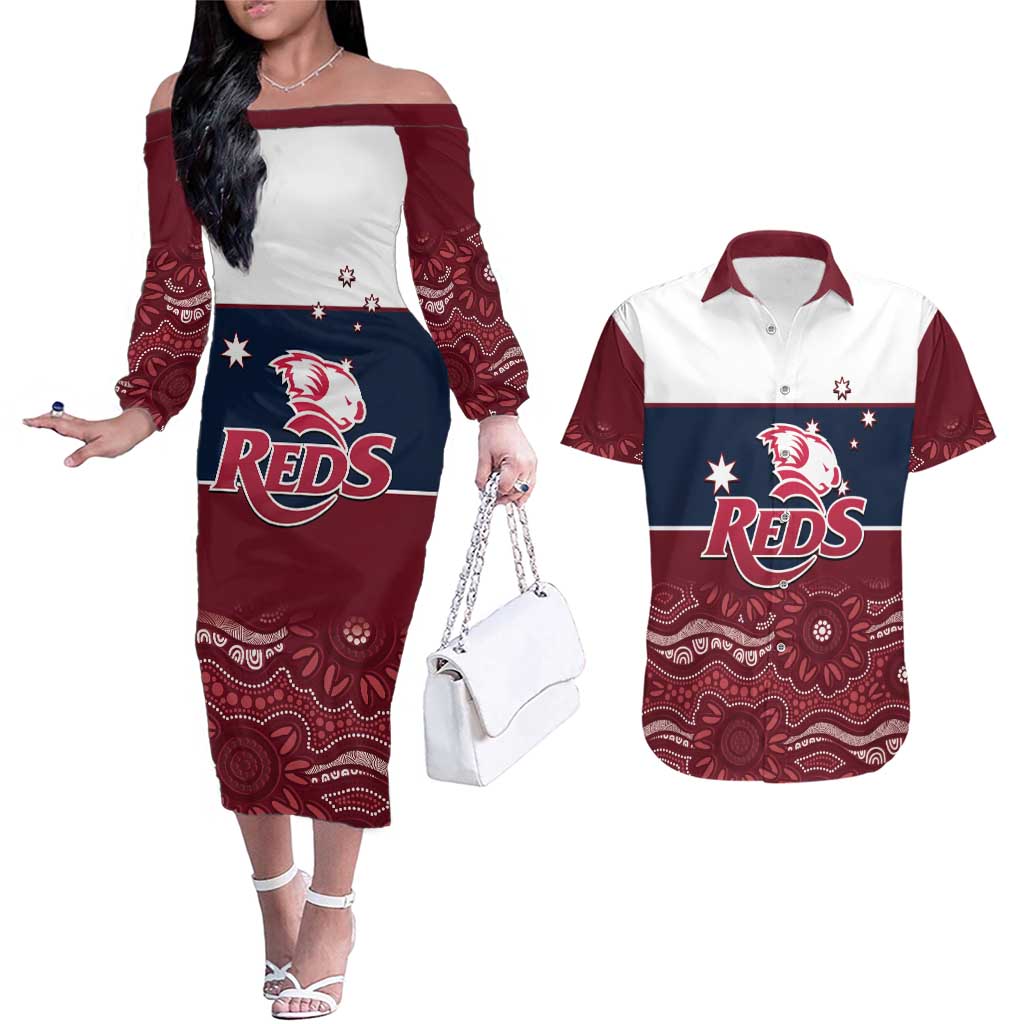 Custom Australia QLD Reds Couples Matching Off The Shoulder Long Sleeve Dress and Hawaiian Shirt Queensland Aboriginal Art