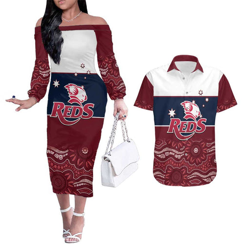 Custom Australia QLD Reds Couples Matching Off The Shoulder Long Sleeve Dress and Hawaiian Shirt Queensland Aboriginal Art