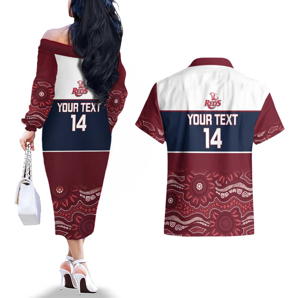 Custom Australia QLD Reds Couples Matching Off The Shoulder Long Sleeve Dress and Hawaiian Shirt Queensland Aboriginal Art