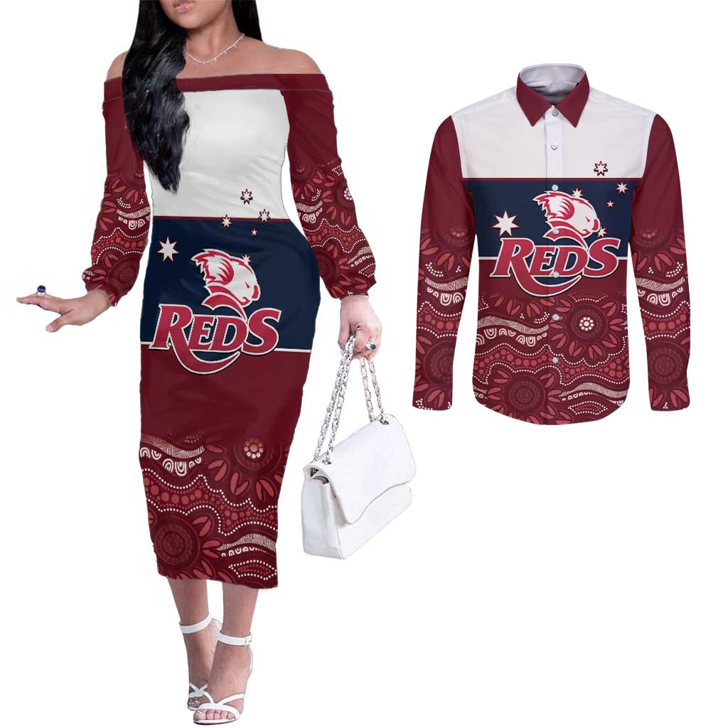 Custom Australia QLD Reds Couples Matching Off The Shoulder Long Sleeve Dress and Long Sleeve Button Shirt Queensland Aboriginal Art