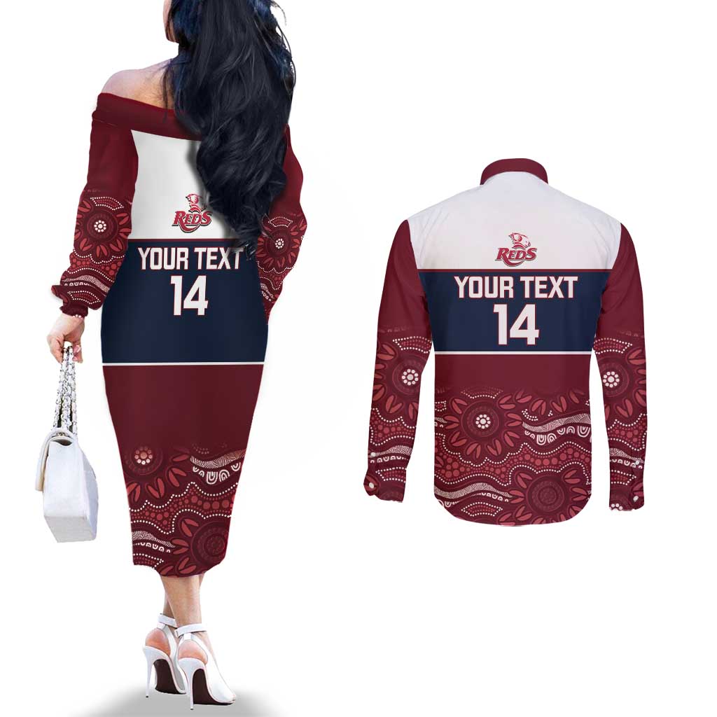 Custom Australia QLD Reds Couples Matching Off The Shoulder Long Sleeve Dress and Long Sleeve Button Shirt Queensland Aboriginal Art
