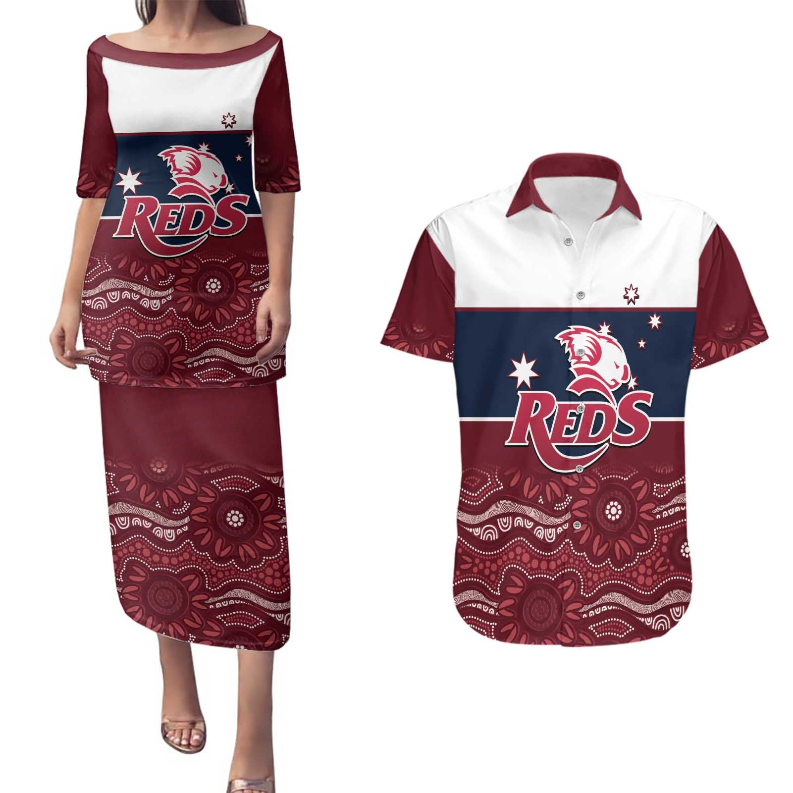 Custom Australia QLD Reds Couples Matching Puletasi and Hawaiian Shirt Queensland Aboriginal Art