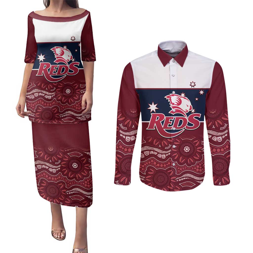 Custom Australia QLD Reds Couples Matching Puletasi and Long Sleeve Button Shirt Queensland Aboriginal Art