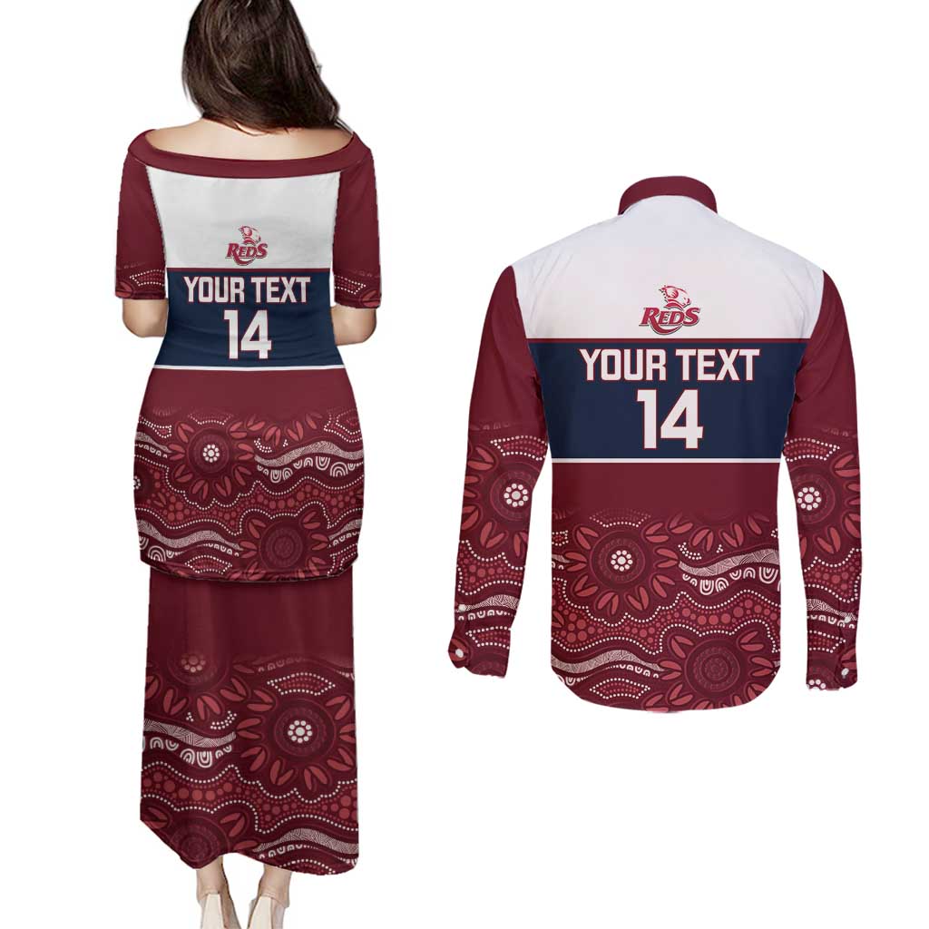 Custom Australia QLD Reds Couples Matching Puletasi and Long Sleeve Button Shirt Queensland Aboriginal Art