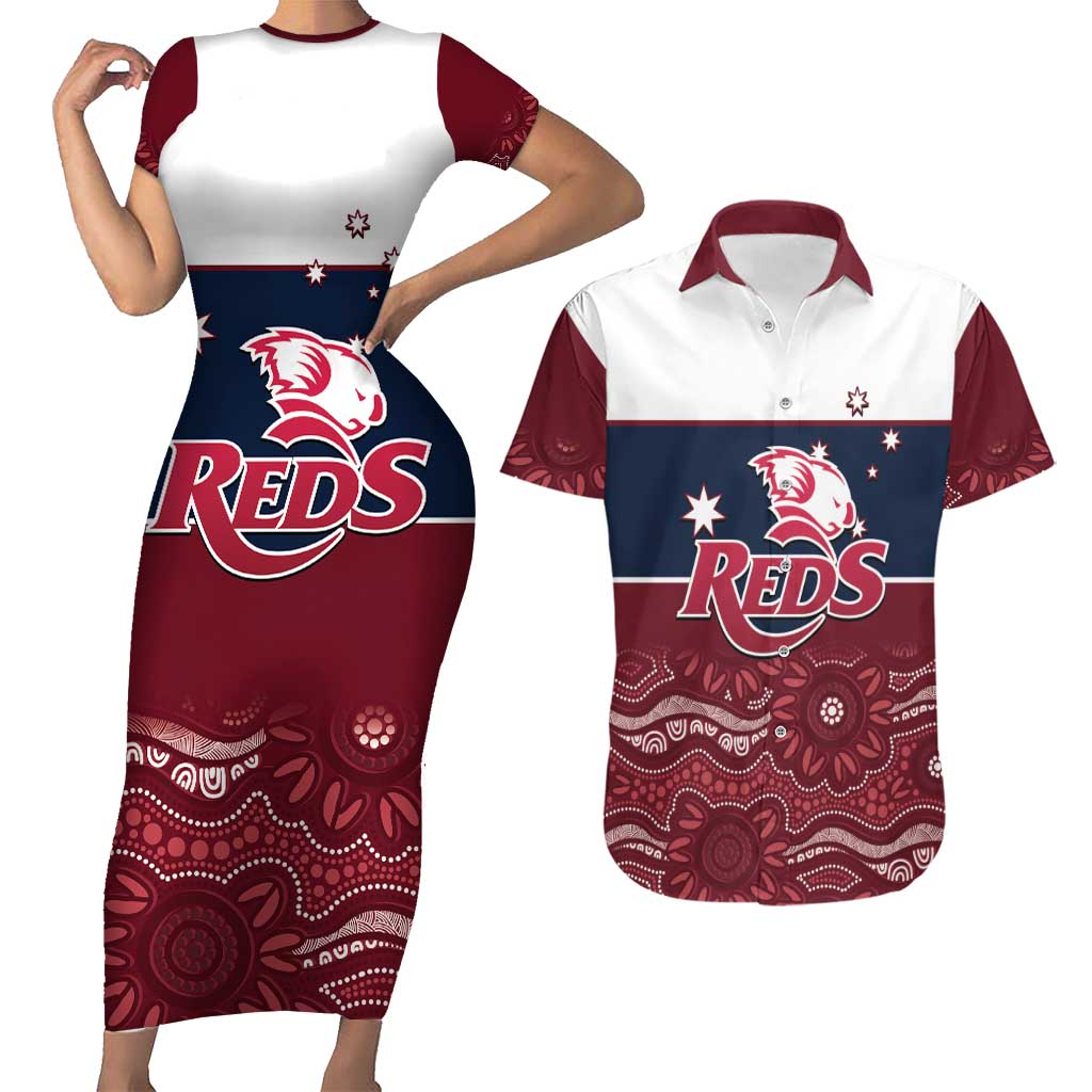 Custom Australia QLD Reds Couples Matching Short Sleeve Bodycon Dress and Hawaiian Shirt Queensland Aboriginal Art