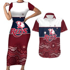 Custom Australia QLD Reds Couples Matching Short Sleeve Bodycon Dress and Hawaiian Shirt Queensland Aboriginal Art