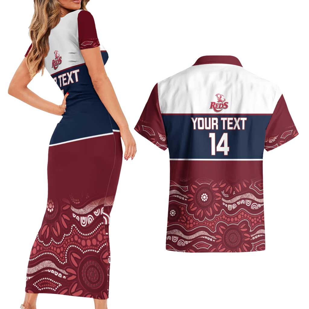 Custom Australia QLD Reds Couples Matching Short Sleeve Bodycon Dress and Hawaiian Shirt Queensland Aboriginal Art
