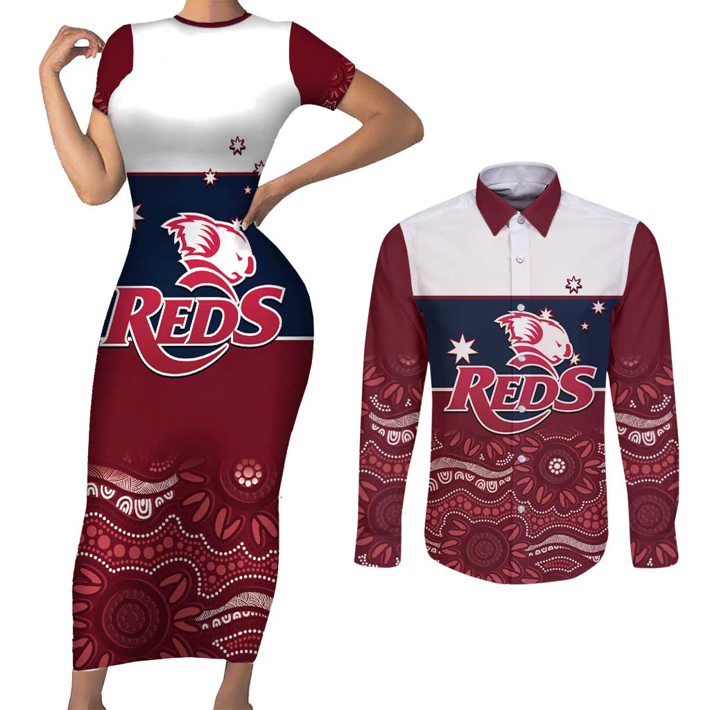 Custom Australia QLD Reds Couples Matching Short Sleeve Bodycon Dress and Long Sleeve Button Shirt Queensland Aboriginal Art